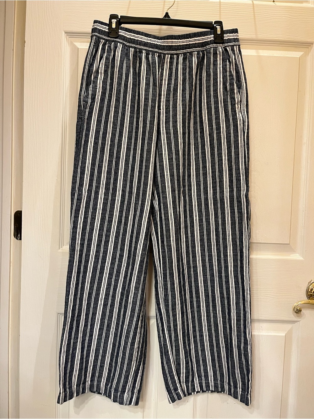 Women’s Linen Blend Navy & White Striped Casual Pants